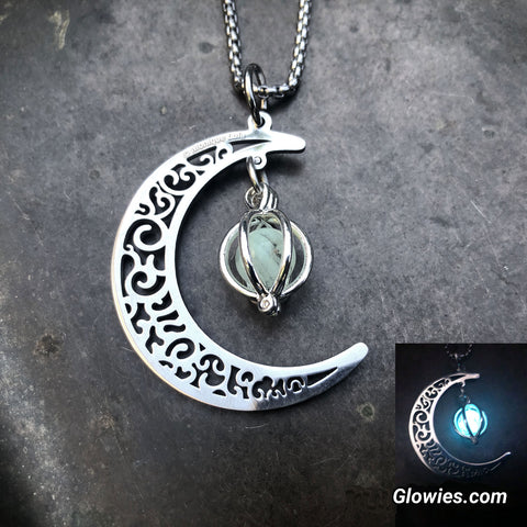 Stainless Steel Crescent Moon Glow Orb Necklace