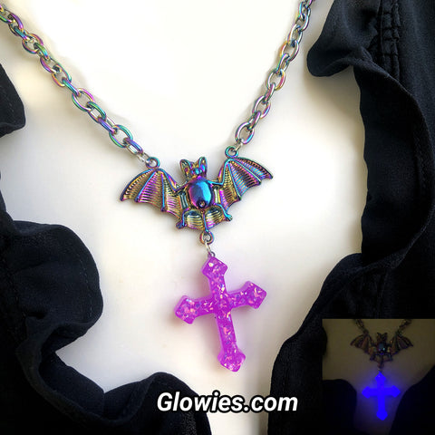 Gothic Bat with Purple Glow Opal Cross Necklace