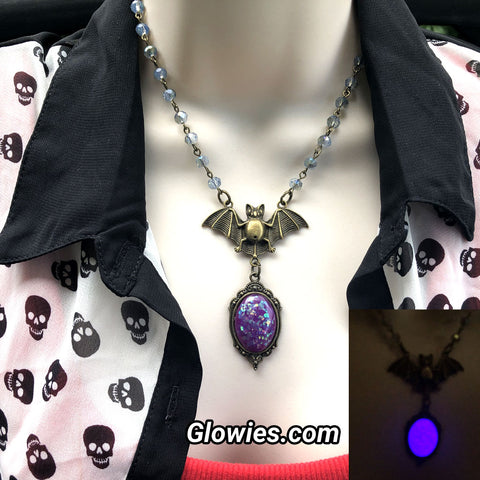 Bat necklace with Purple Opal Glow Stone