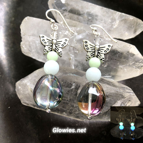 Butterfly Glass Earrings With Blue & Green Glow