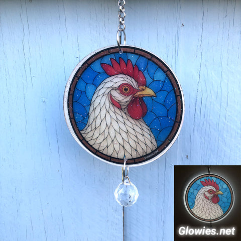 White Chicken Glow Suncatcher with Crystal