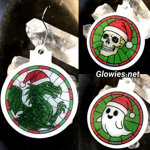 Dragon, Ghost, and Skull With Santa Hat Ornaments