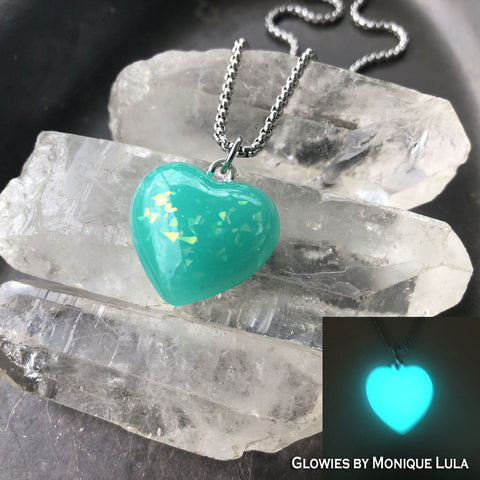 Aqua Opal Glow in the dark heart necklace