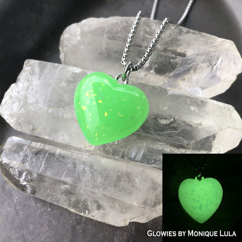 Green Opal Glow in the dark Heart Necklace