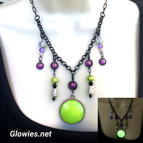 Chartreuse Glow Opal Midnight Skulls Necklace