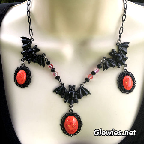 Victorian Nocturnal Triple Bats Glow Opal Necklace