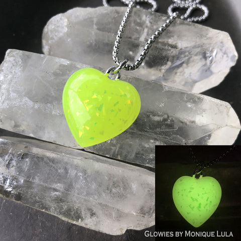 Yellow Opal Glow in the dark Heart Necklace