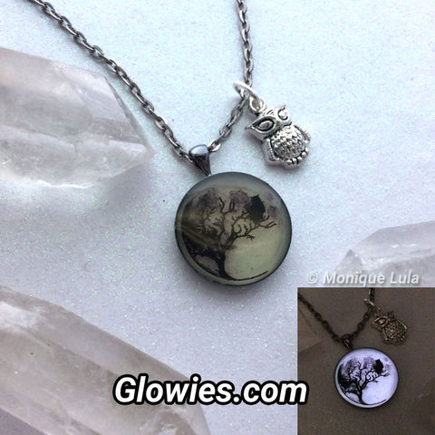 Full Moon Owl in Tree Glow Necklace