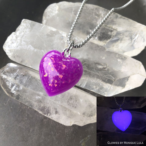 Purple Opal Glow in the dark Heart Necklace