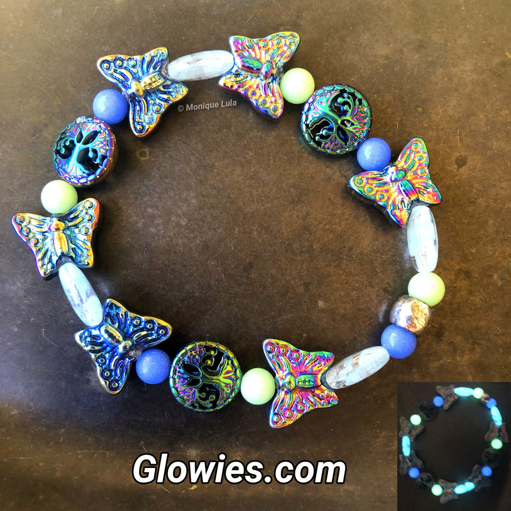 Butterfly Tree of Life Auroira Borealis Glow Glass Bracelet