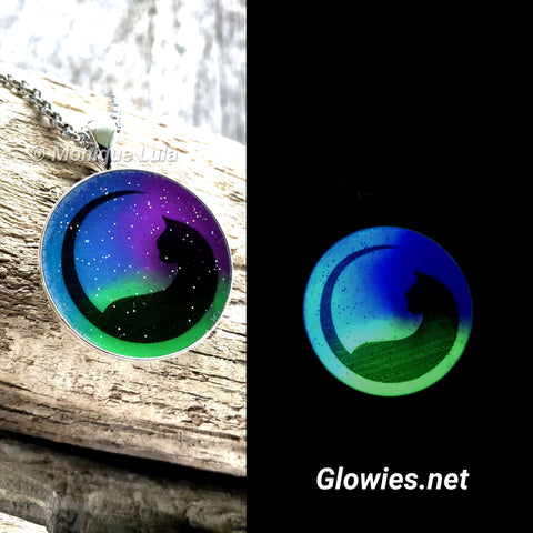 Cat Crescent Moon Glow Art Necklace