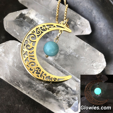 Gold Plated Stainless Steel Crescent Moon Glow Glass Orb necklace