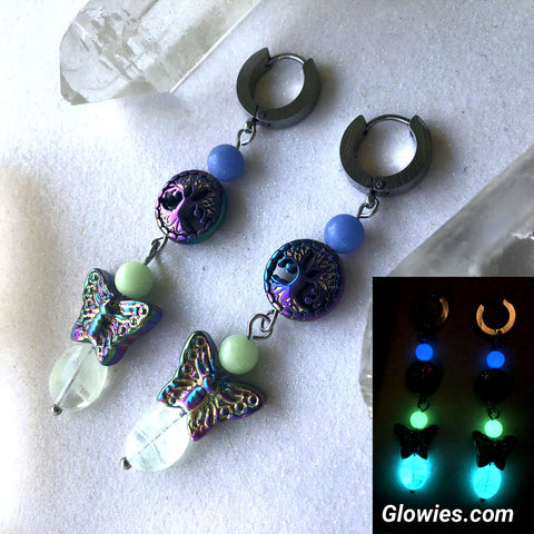 Aurora Borealis Butterfly & Tree Glow Glass Earrings on huggies