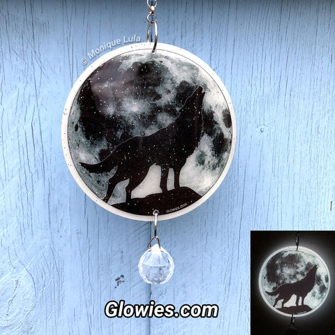 Howling Wolf Full Moon Glow Sun Catcher with Crystal