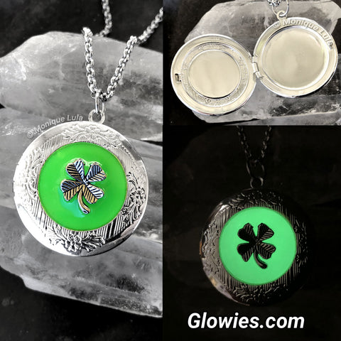 Lucky Shamrock Four 4 Leaf Clover Saint Patricks Day Glow Locket