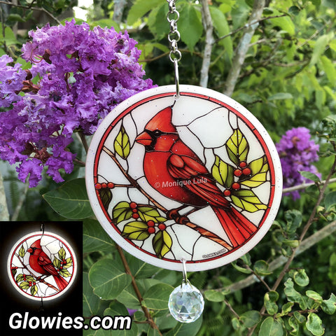 Red Cardinal Glow in the dark suncatcher with crystal