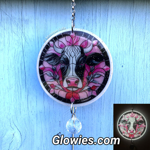 Pink & Black Cow Glow Suncatcher with Crystal