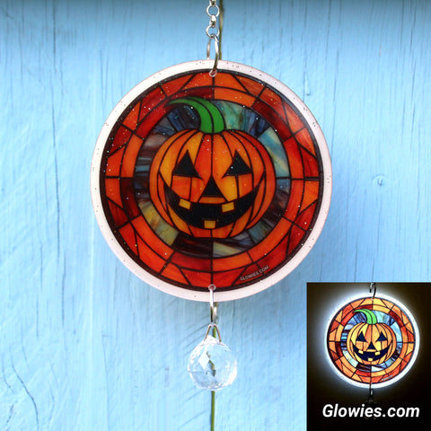 Jack O'Lantern Halloween Pumpkin Glow Suncatcher with Crystal