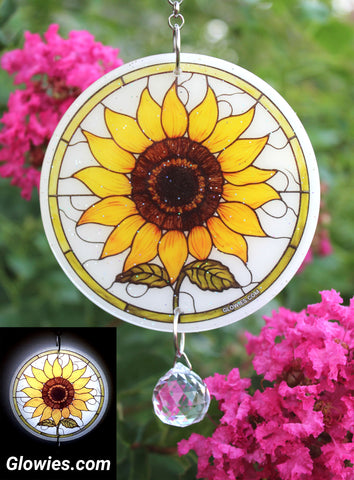 Sunflower on White Glow Suncatcher with Crystal