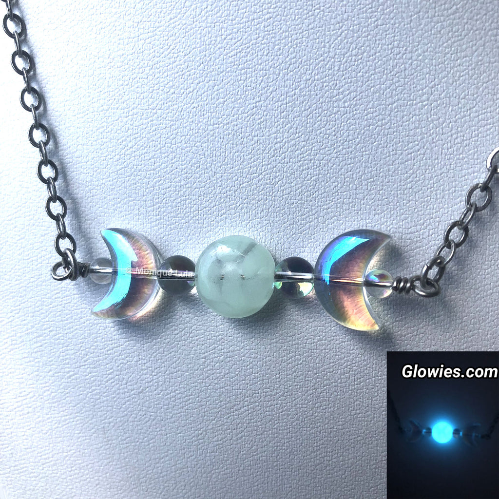 Triple Moon Goddess Glow Glass Necklace