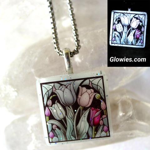 Pastel Goth Tulips Glow in the dark Square Necklace