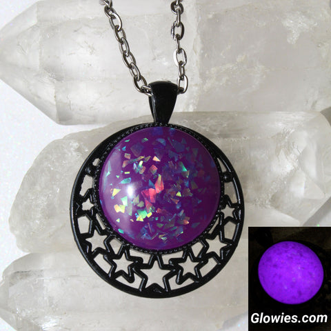 Opal Glow Stone in Black Starry Night Setting Necklace