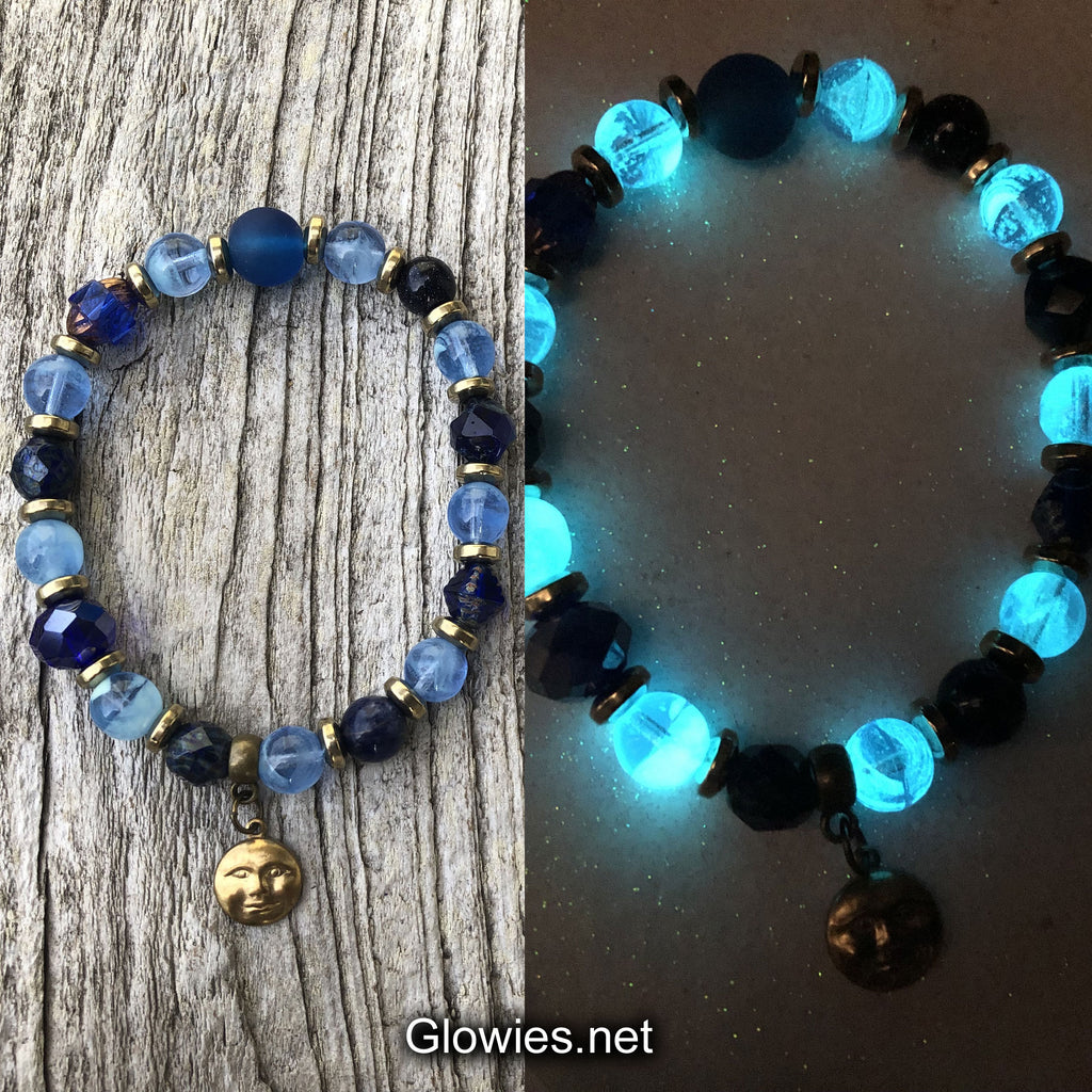 Silver Crescent Moon Blue Beaded Stretch Bracelet