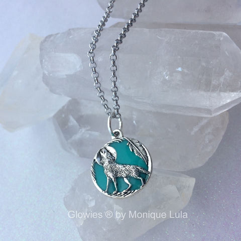 Howling Wolf With Feather Full Moon Glow Necklace