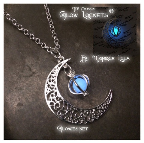 Crescent Moon with Blue Glow in the dark Orb Necklace