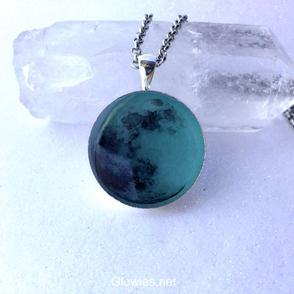 Blue Glowing Moon Necklace with Free UV Charger Light
