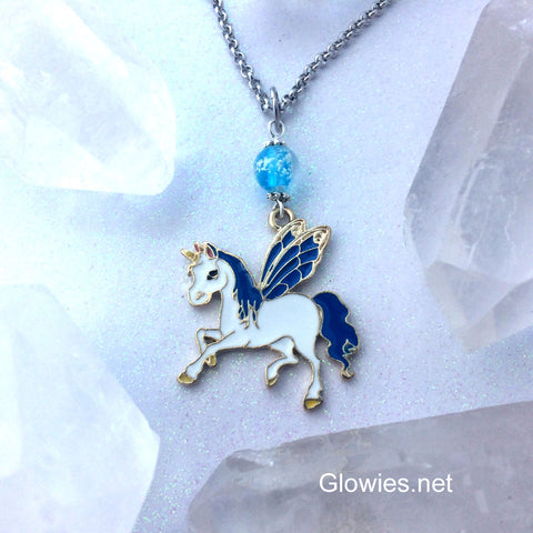 Blue Wing Enamel Unicorn Galaxy Glow Necklace