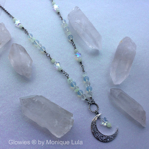 Moon and Star Opal Moonstone Glass Beaded Necklace