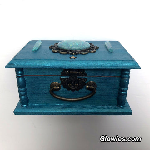 Blue Metallic Trinket Box with glow stone and crystals