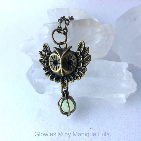 Owl Orb Glow Locket Pendant Bronze