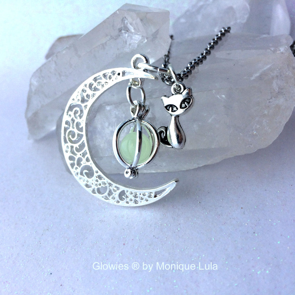 Cat Crescent Moon Glowing Orb Necklace