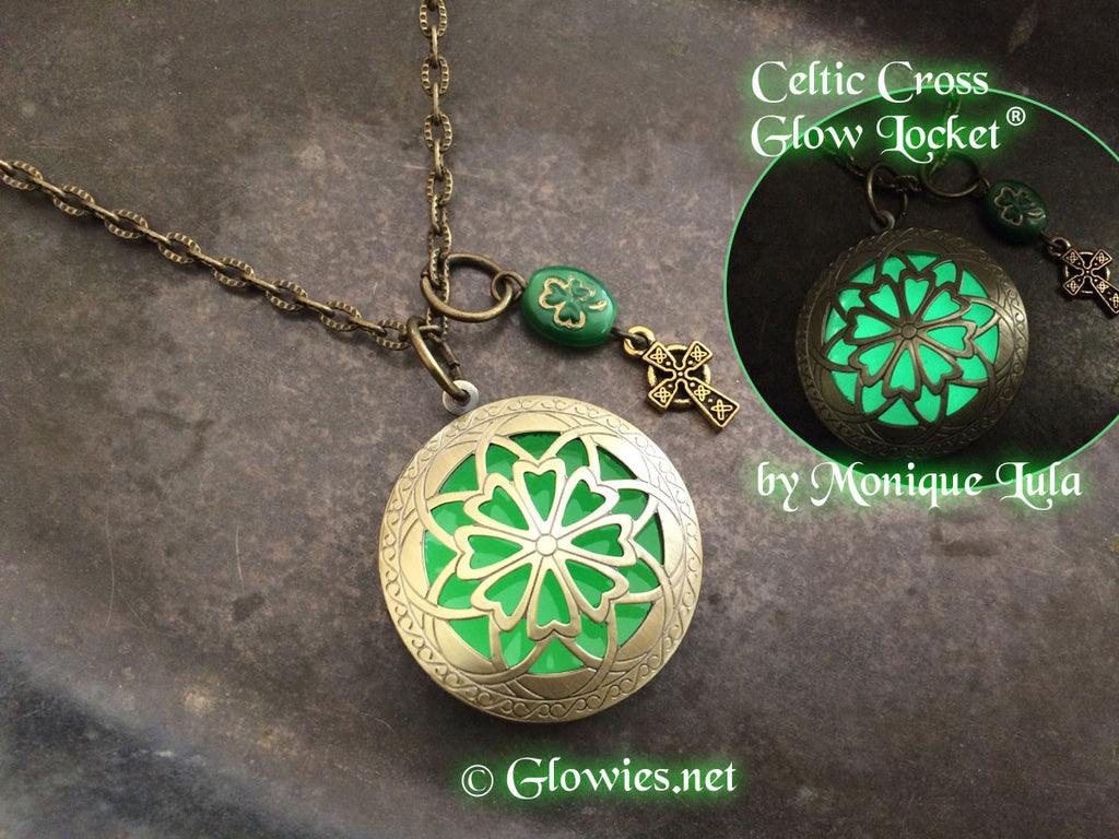 Celtic Cross Shamrock Green Glow Locket ®