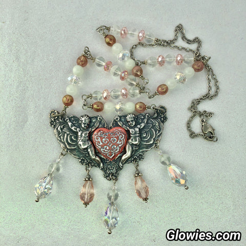 Victorian Cherubs Pink Crystal Long Glowie Necklace