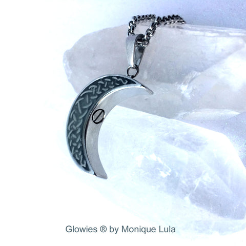 Crescent Moon Cremation Memorial Ashes Urn Glowing Stainless Steel Necklace