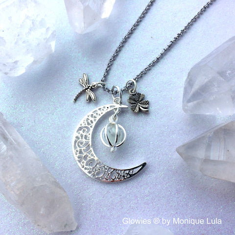Lucky Irish Moon Glowing Dragonfly Shamrock Necklace