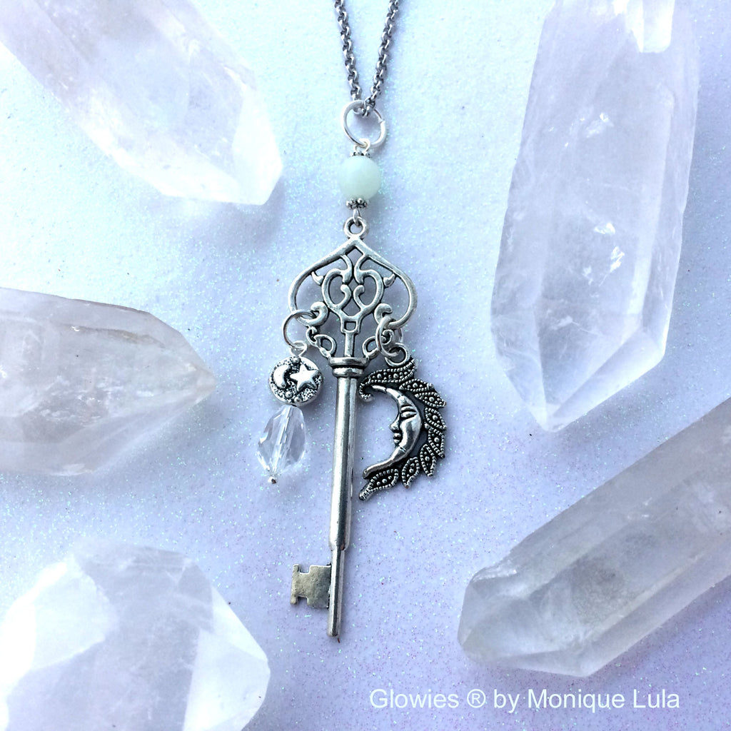 Key with Crescent Moon & Stars Crystal Glow Glass Necklace