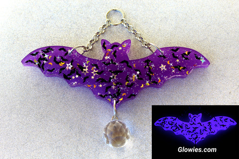 Purple Bat with Black Bat Moon & Star Mix inside Glow in the dark Decor Suncatcher