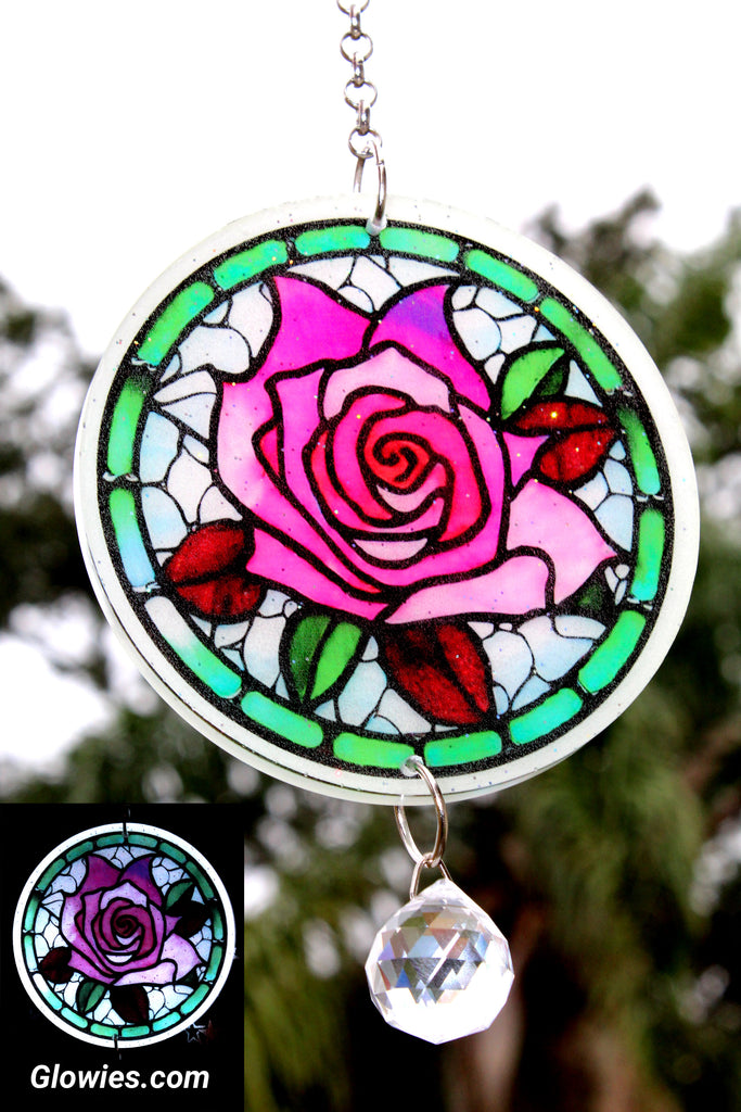 Stained Glass Rose Sun Catcher Glow Decor