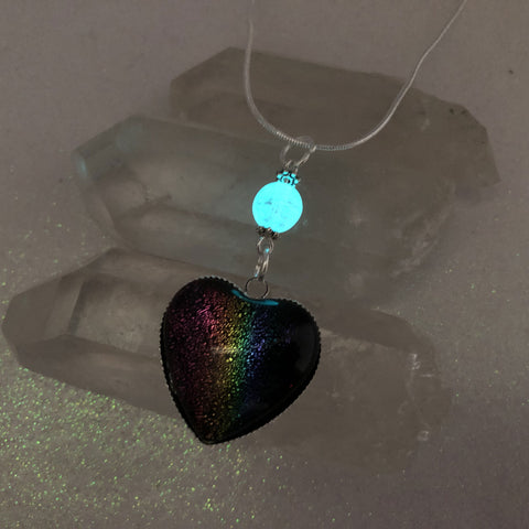 Dichroic Rainbow Glass Heart with Glow Glass Necklace