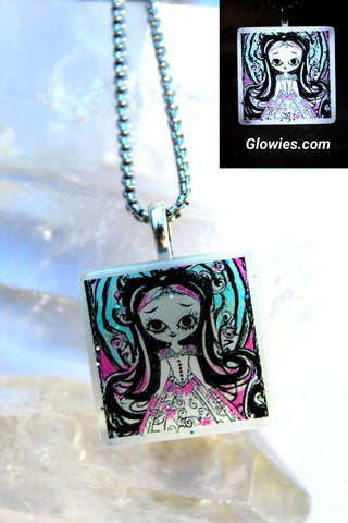 Doll in Dress with Long Hair Glow Necklace