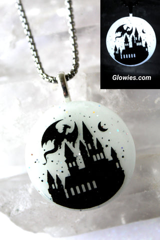 Dragon Flying Over Castle Glow in the dark Necklace