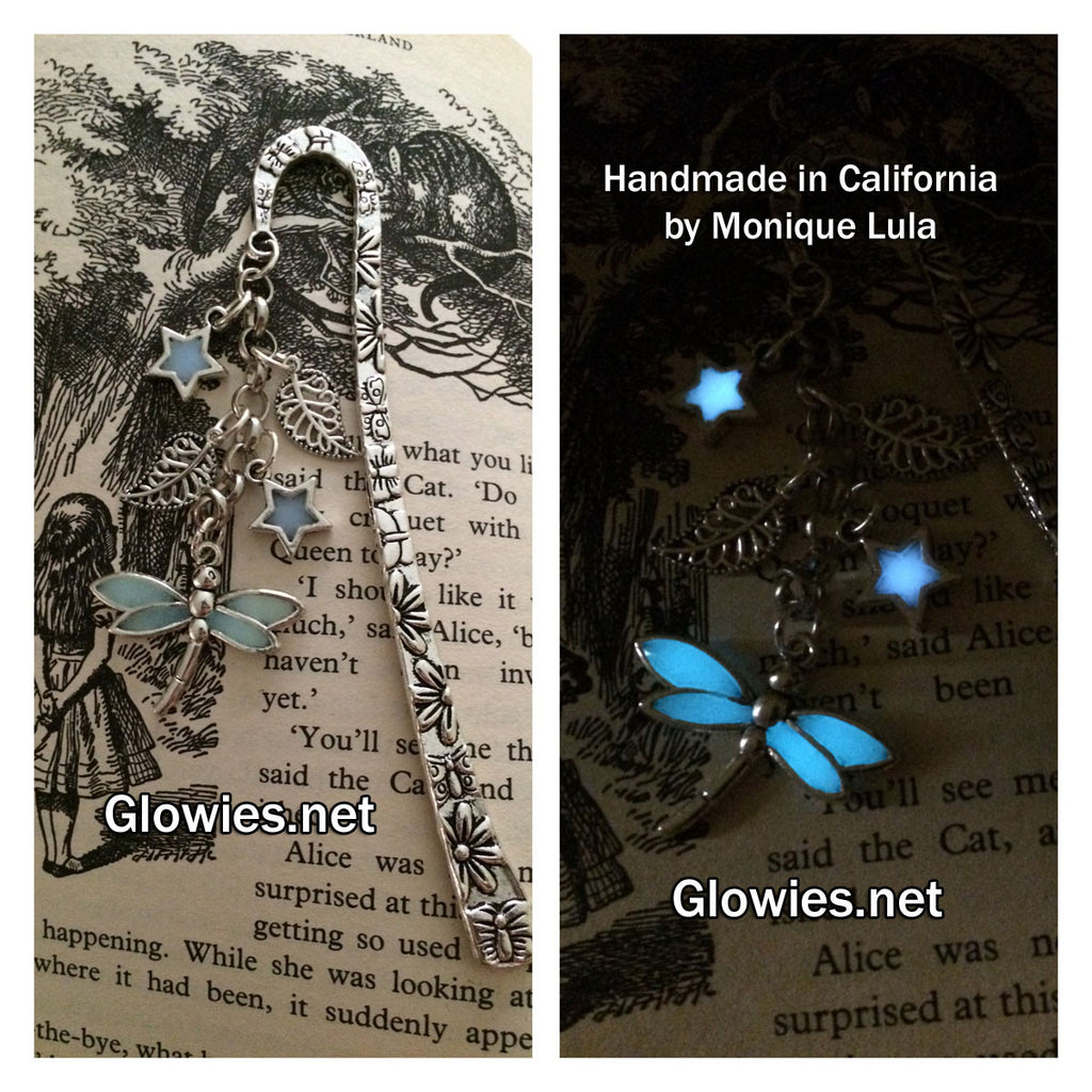 Glowing Dragonfly with Stars & Leaves Victorian Bookmark
