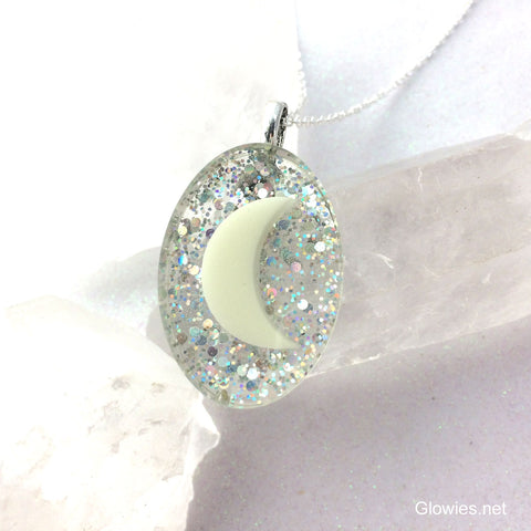 Galaxy Oval with Glowing Crescent Moon Inside Necklace