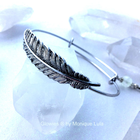 Adjustable Feather Bangle Bracelet with Feather Charm