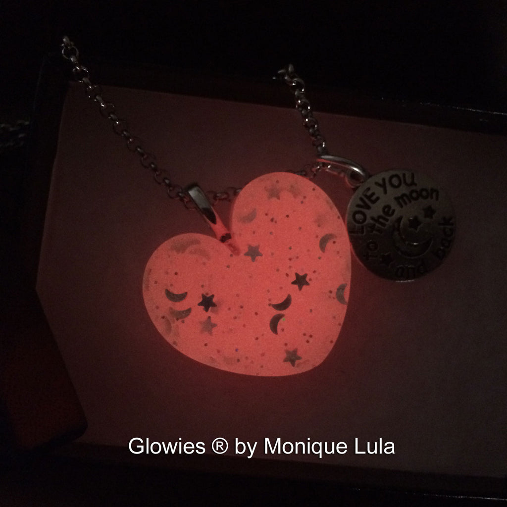 Holographic Moon & Stars Heart Love You To The Moon Glow Necklace Gift Set