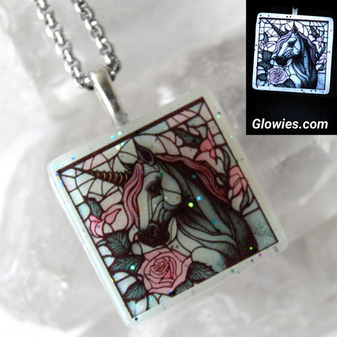 Pastel Goth Unicorn with Roses Square  Glow in the dark Necklace